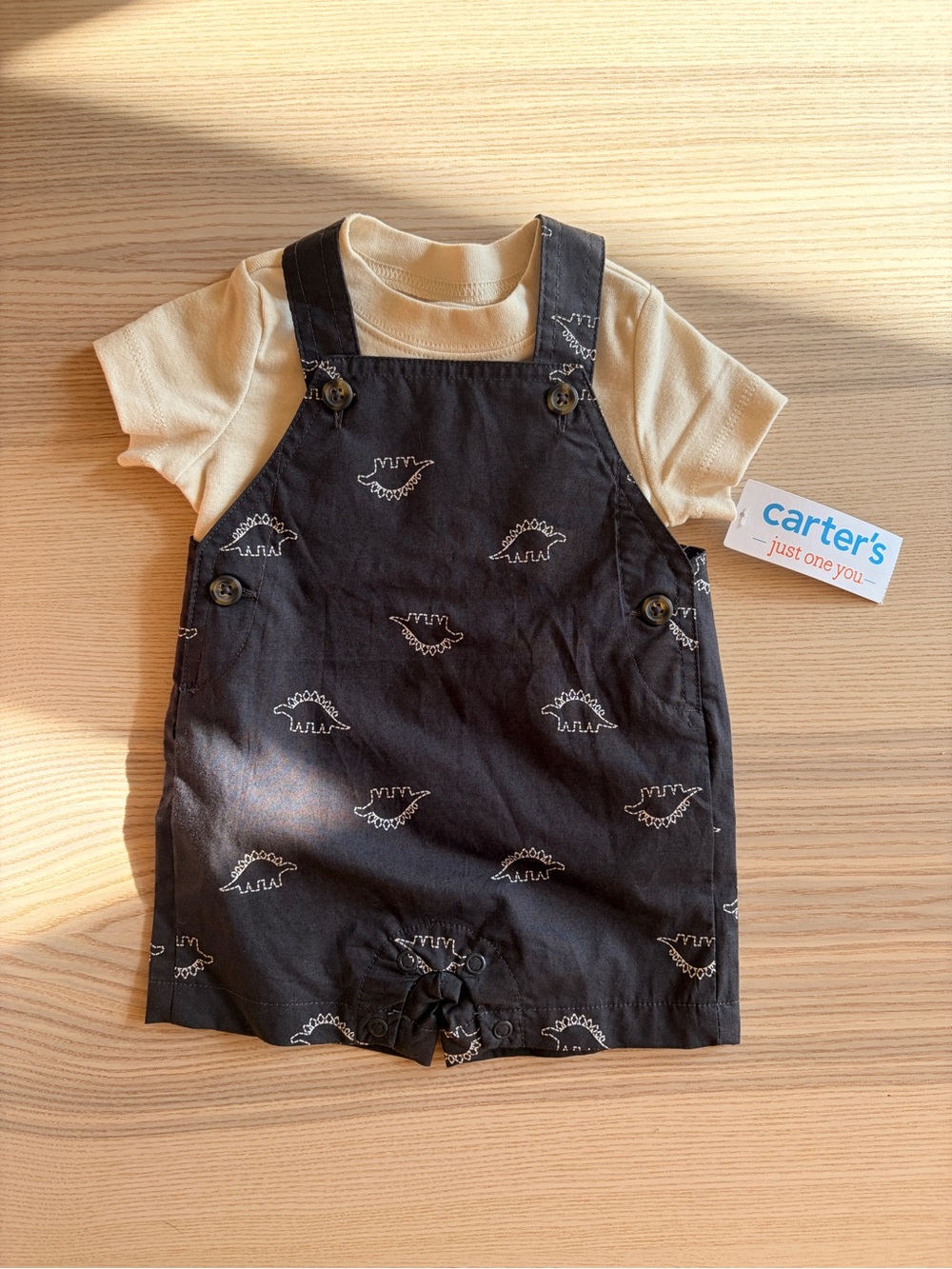 Carter's Black Dinosaur Shortall with Cream Tee Set